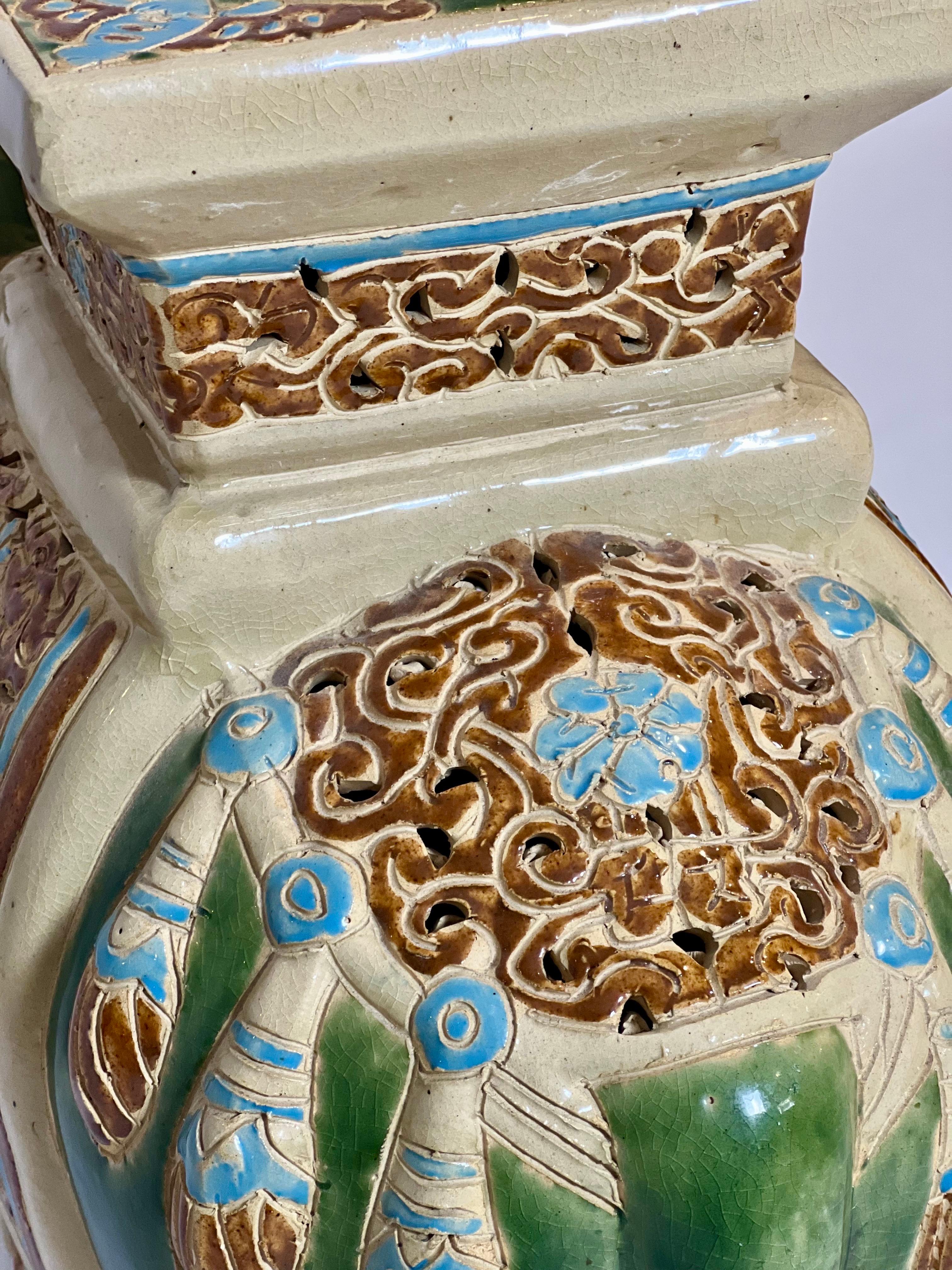 Vintage Glazed Ceramic Elephant Garden Stool, Side Table or Plant Stand For Sale 4