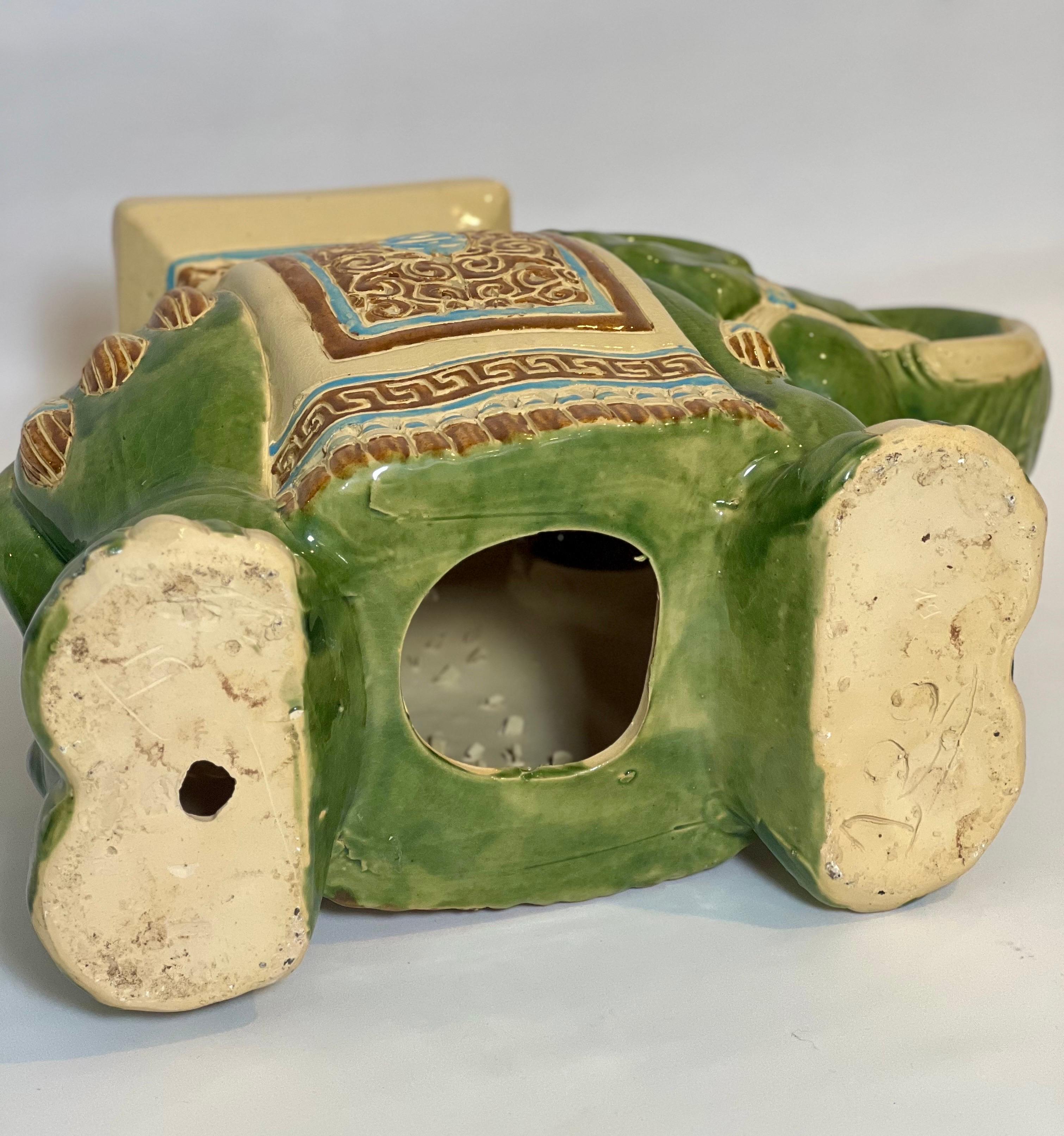 Vintage Glazed Ceramic Elephant Garden Stool, Side Table or Plant Stand For Sale 8