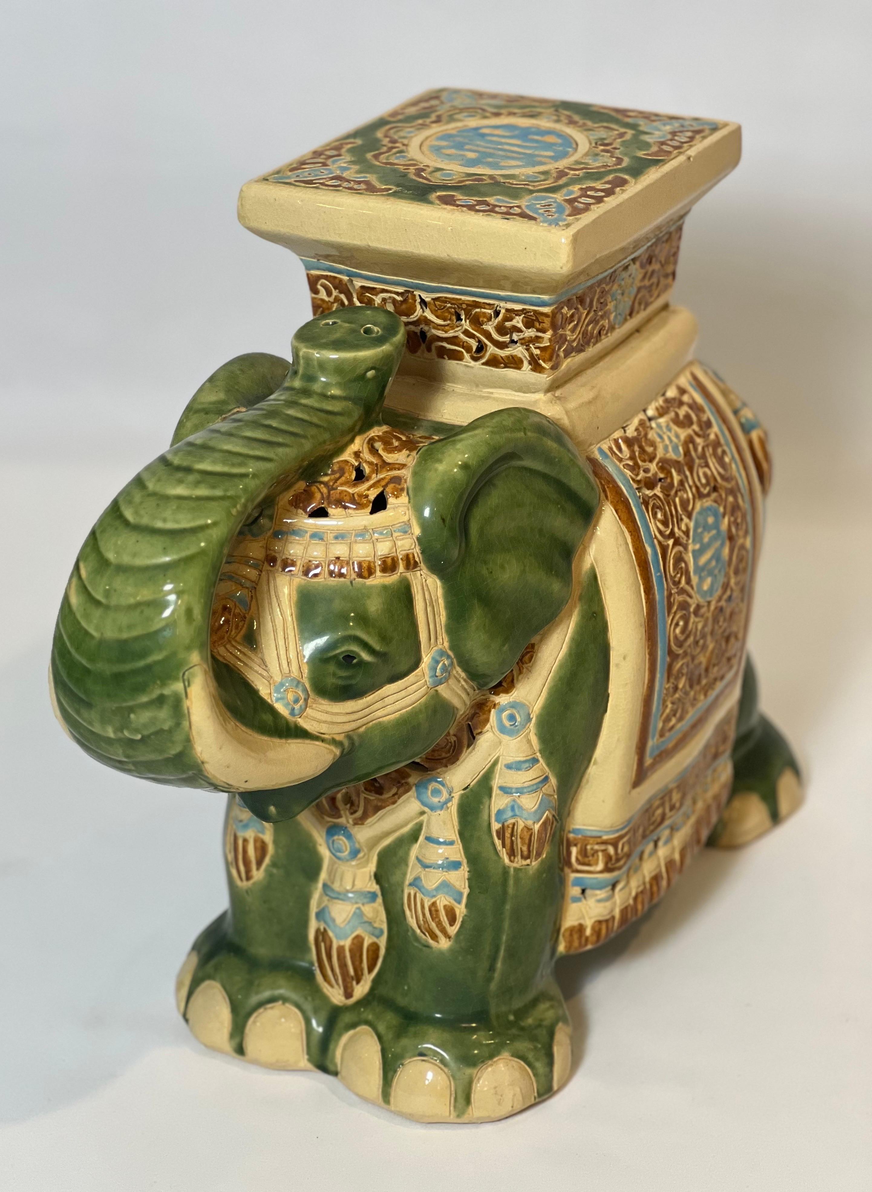 Hollywood Regency Vintage Glazed Ceramic Elephant Garden Stool, Side Table or Plant Stand For Sale