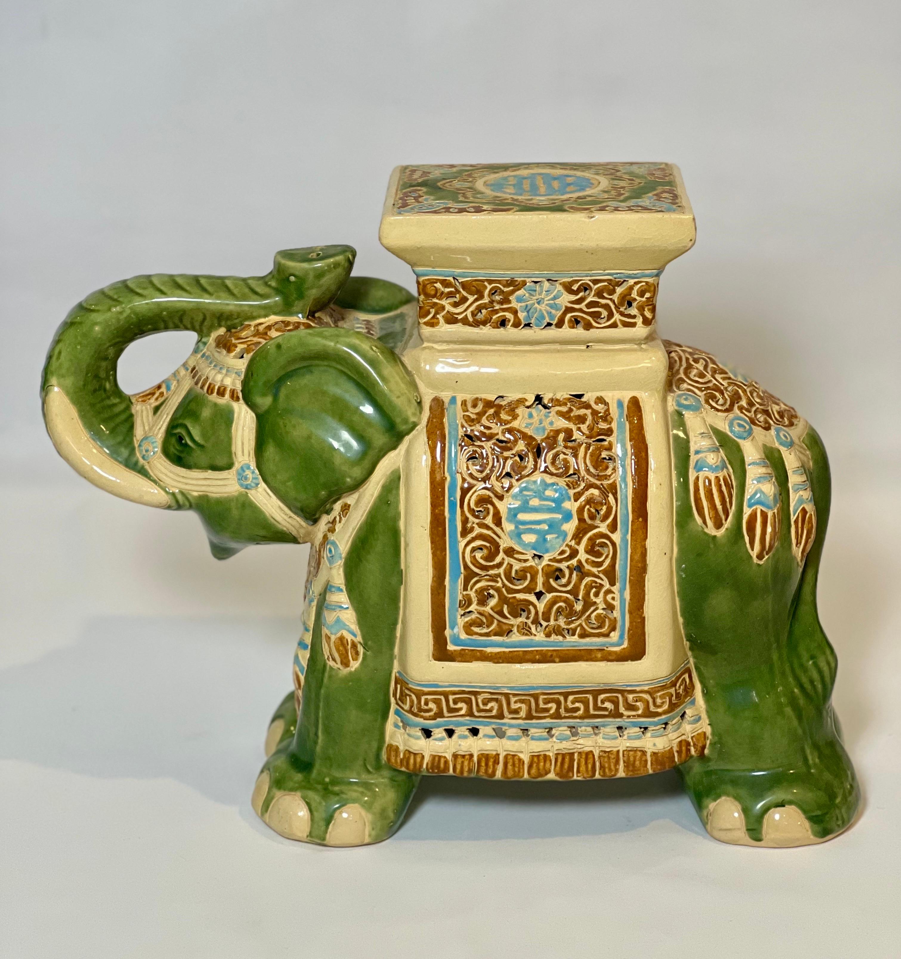 Hand-Painted Vintage Glazed Ceramic Elephant Garden Stool, Side Table or Plant Stand For Sale