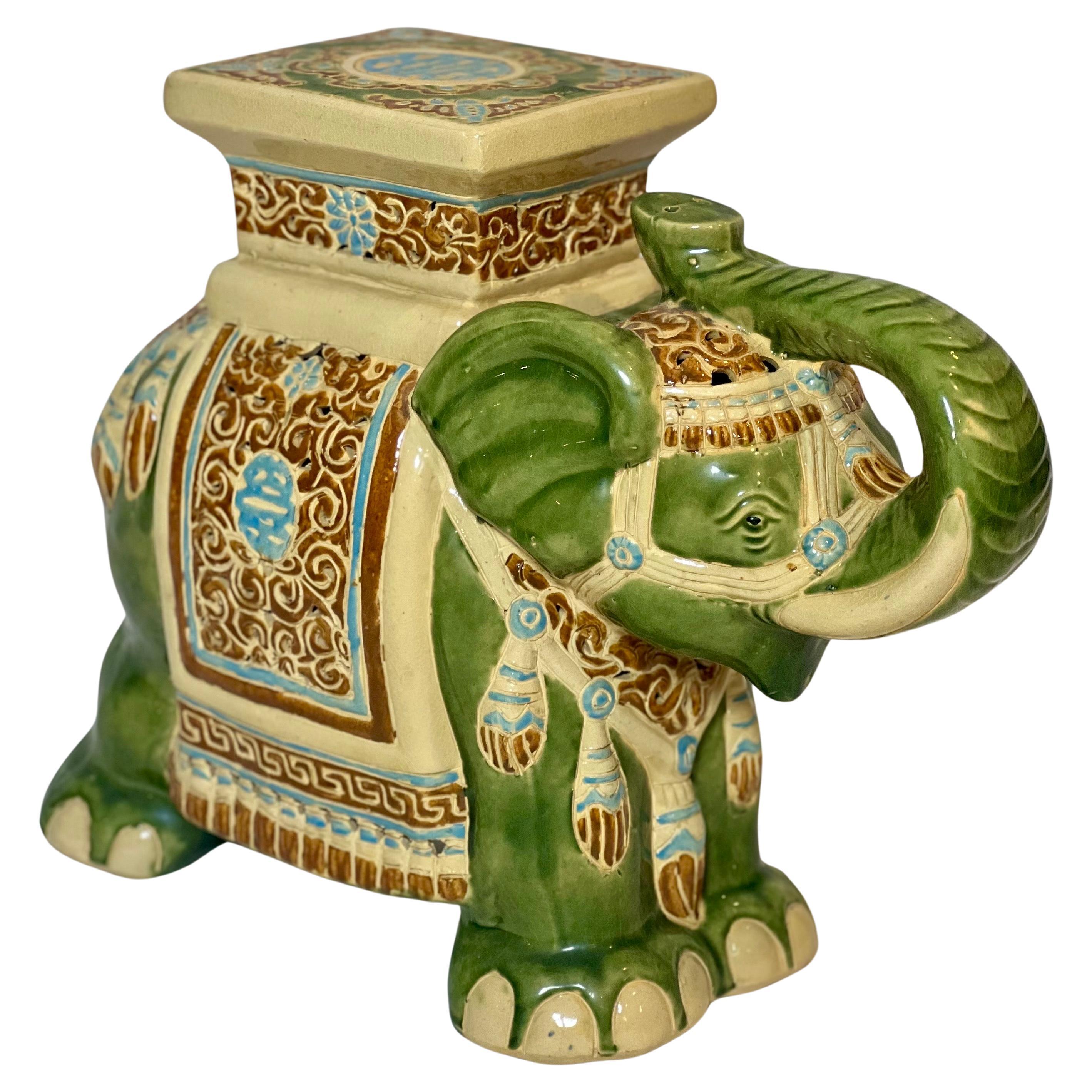Vintage Glazed Ceramic Elephant Garden Stool, Side Table or Plant Stand