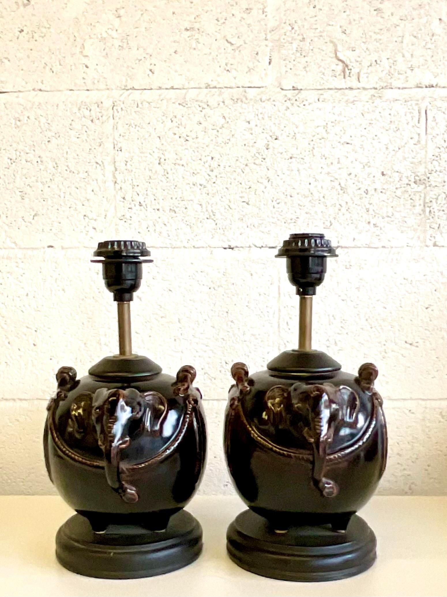 Vintage Glazed Ceramic Elephant Lamps - a Pair In Good Condition For Sale In west palm beach, FL