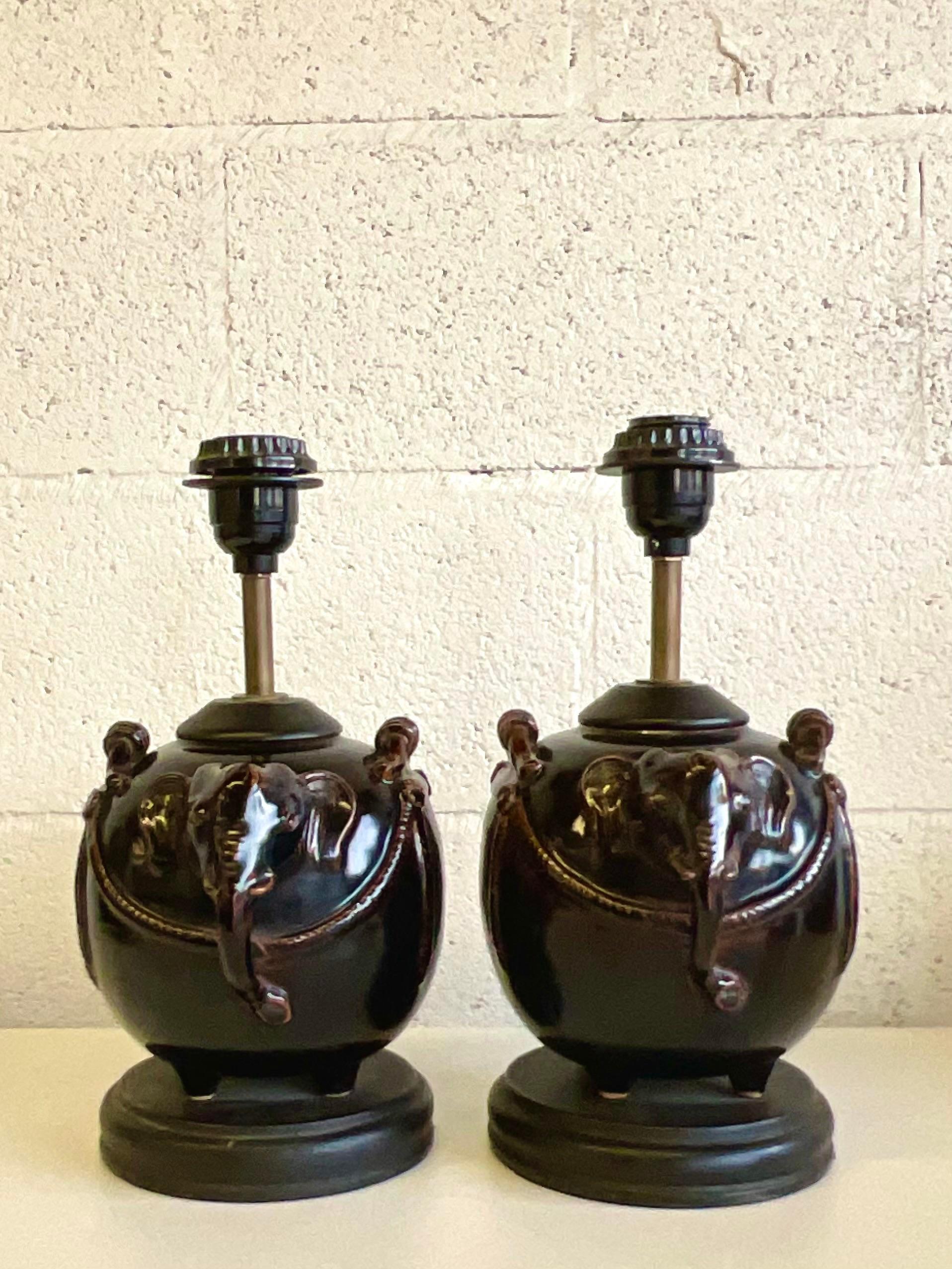 20th Century Vintage Glazed Ceramic Elephant Lamps - a Pair For Sale