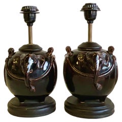 Vintage Glazed Ceramic Elephant Lamps - a Pair