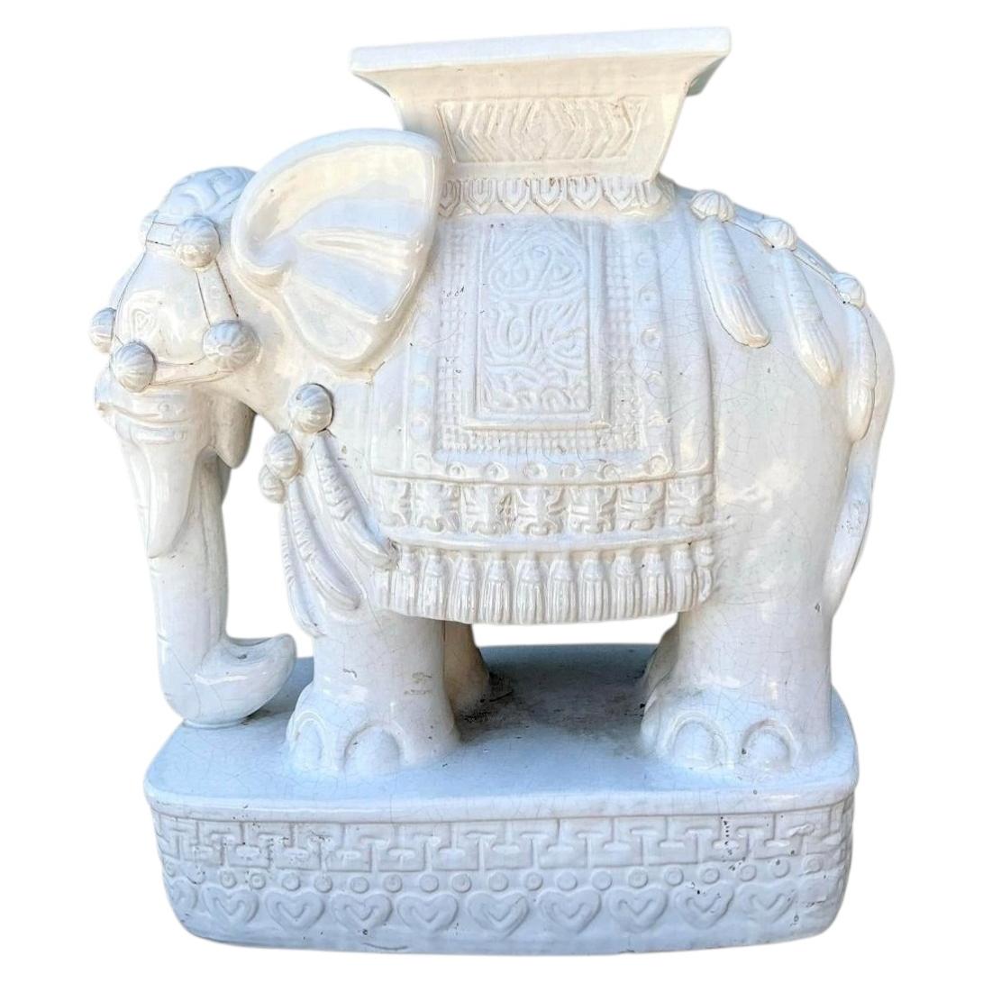 Vintage Glazed Ceramic Elephant Low Stool