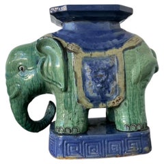 Vintage Glazed Ceramic Elephant Low Stool