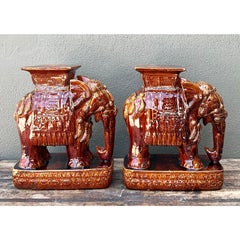 Vintage Glazed Ceramic Elephant Low Stools - A Pair