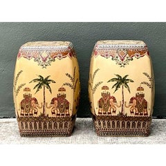 Vintage Glazed Ceramic Elephant Low Stools - A Pair