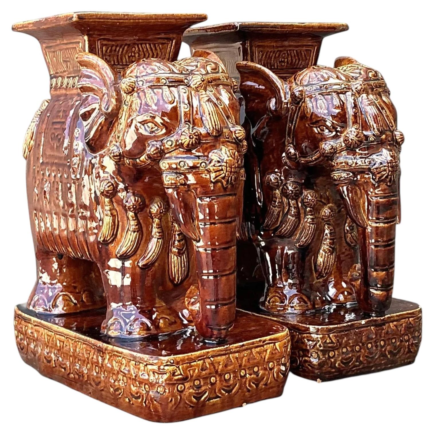 Vintage Glazed Ceramic Elephant Low Stools - A Pair For Sale