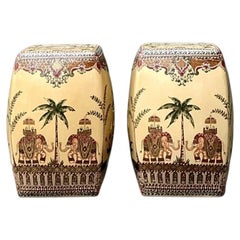 Vintage Glazed Ceramic Elephant Low Stools - A Pair