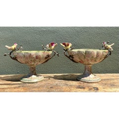Vintage Glazed Ceramic Floral Bird Urns - A Pair