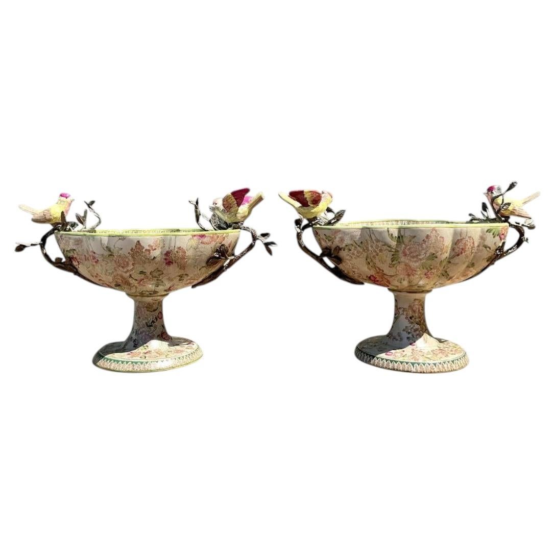 Vintage Glazed Ceramic Floral Bird Urns - A Pair