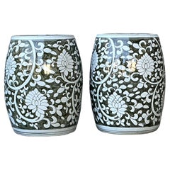 Vintage Glazed Ceramic Floral Garden Stool - A Pair