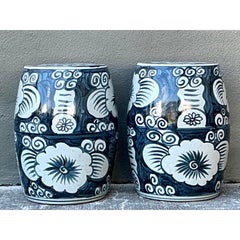 Vintage Glazed Ceramic Floral Garden Stools - A Pair