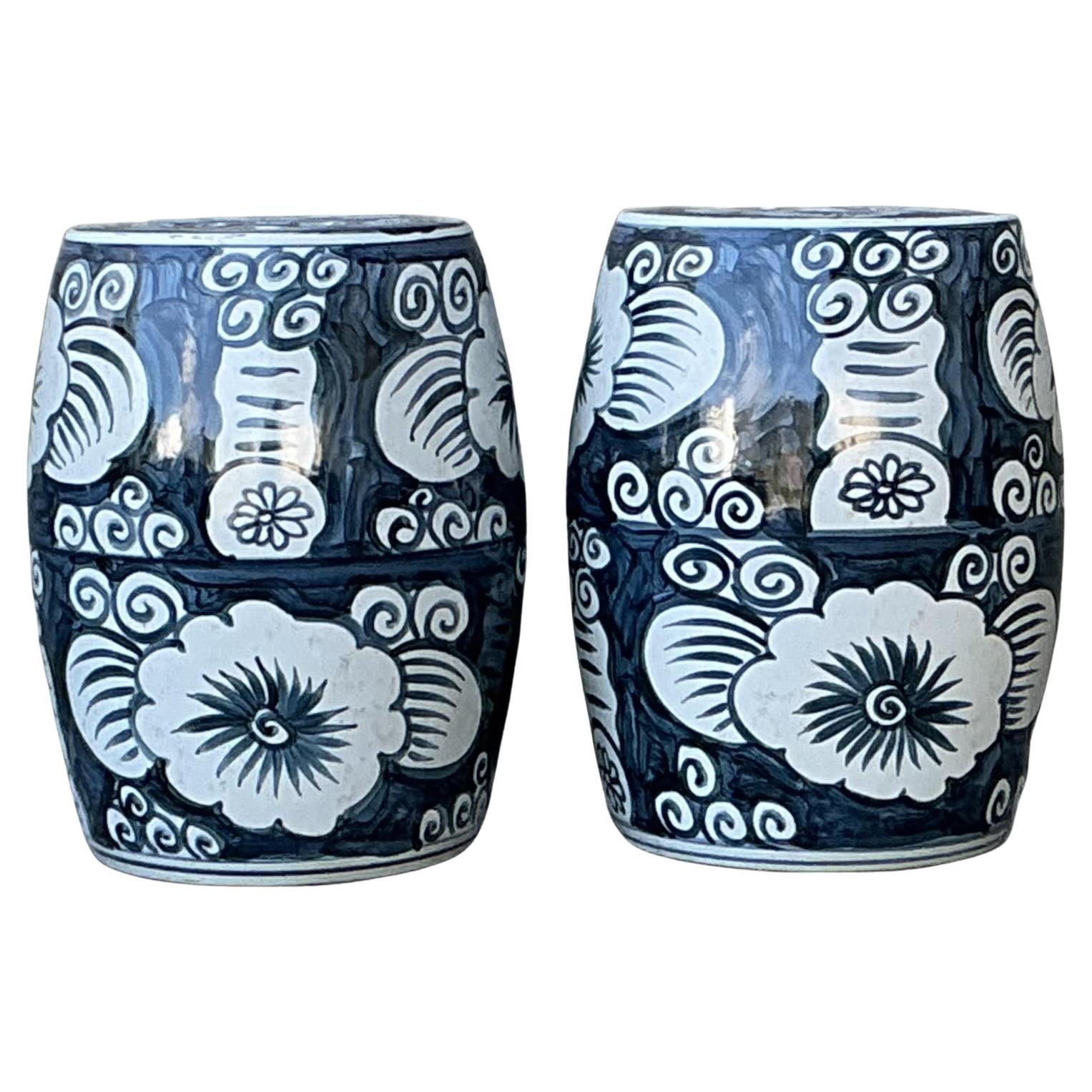 Vintage Glazed Ceramic Floral Garden Stools - A Pair