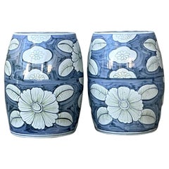 Vintage Glazed Ceramic Floral Garden Stools - A Pair