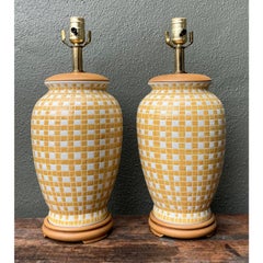 Vintage Glazed Ceramic Grid Lamps - A Pair