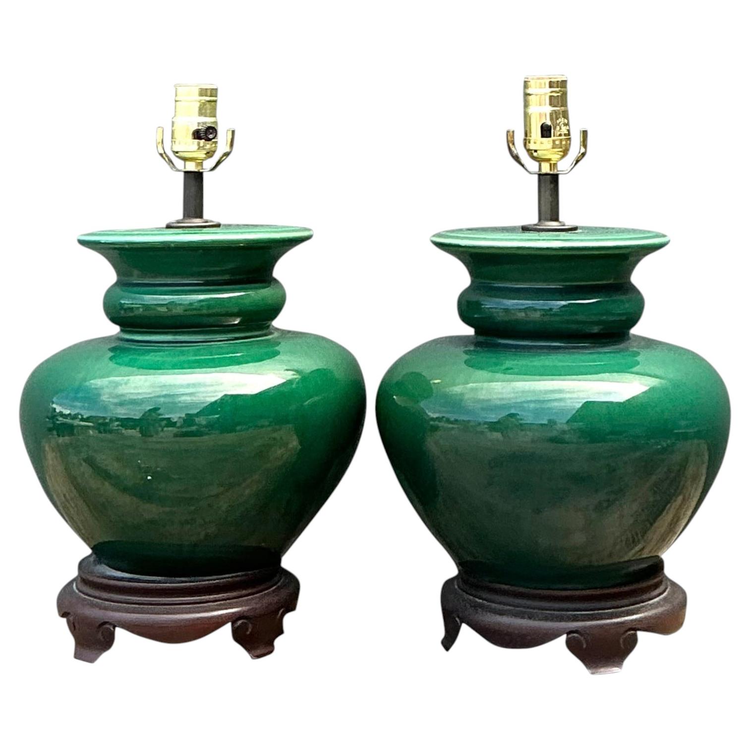 Vintage Glazed Ceramic Lamps - A Pair