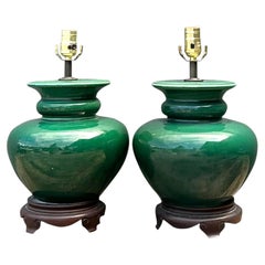 Vintage Glazed Ceramic Lamps - A Pair