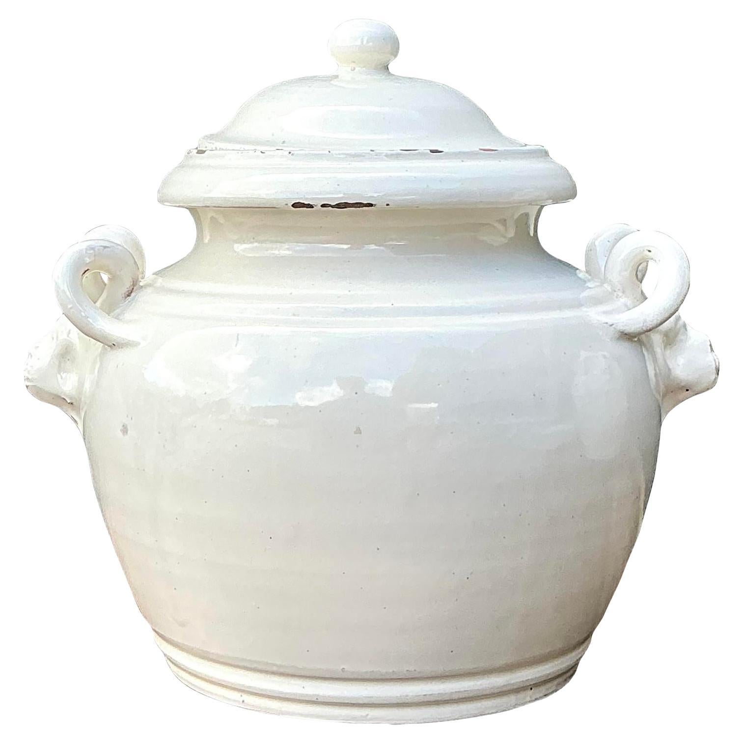 Urna con tapa de cerámica esmaltada vintage