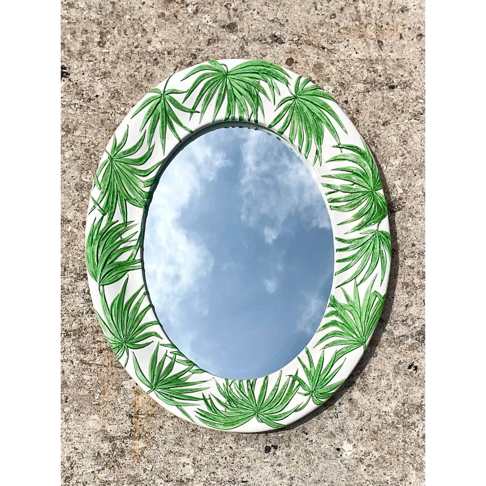 North American Vintage Glazed Ceramic Palm Frond Mirror