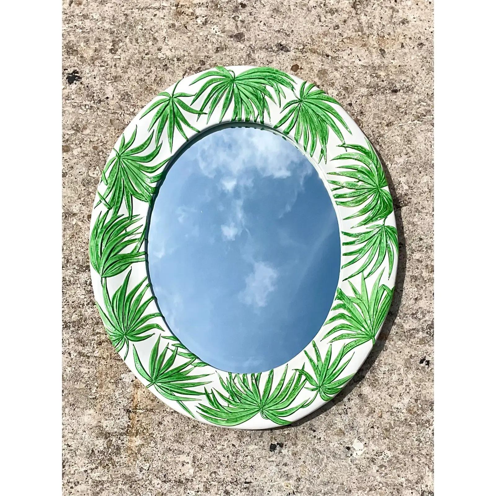 Vintage Glazed Ceramic Palm Frond Mirror In Good Condition In west palm beach, FL