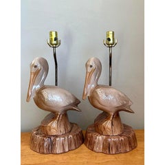 Vintage Glazed Ceramic Pelican Lamps - A Pair