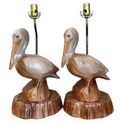 Vintage Glazed Ceramic Pelican Lamps - A Pair