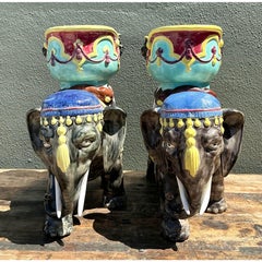 Vintage Glazed Ceramic Polychromed Elephants - A Pair