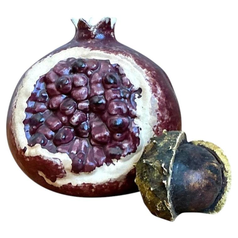 Vintage Glazed Ceramic Pomegranate and Lychee Nut - Set of 2