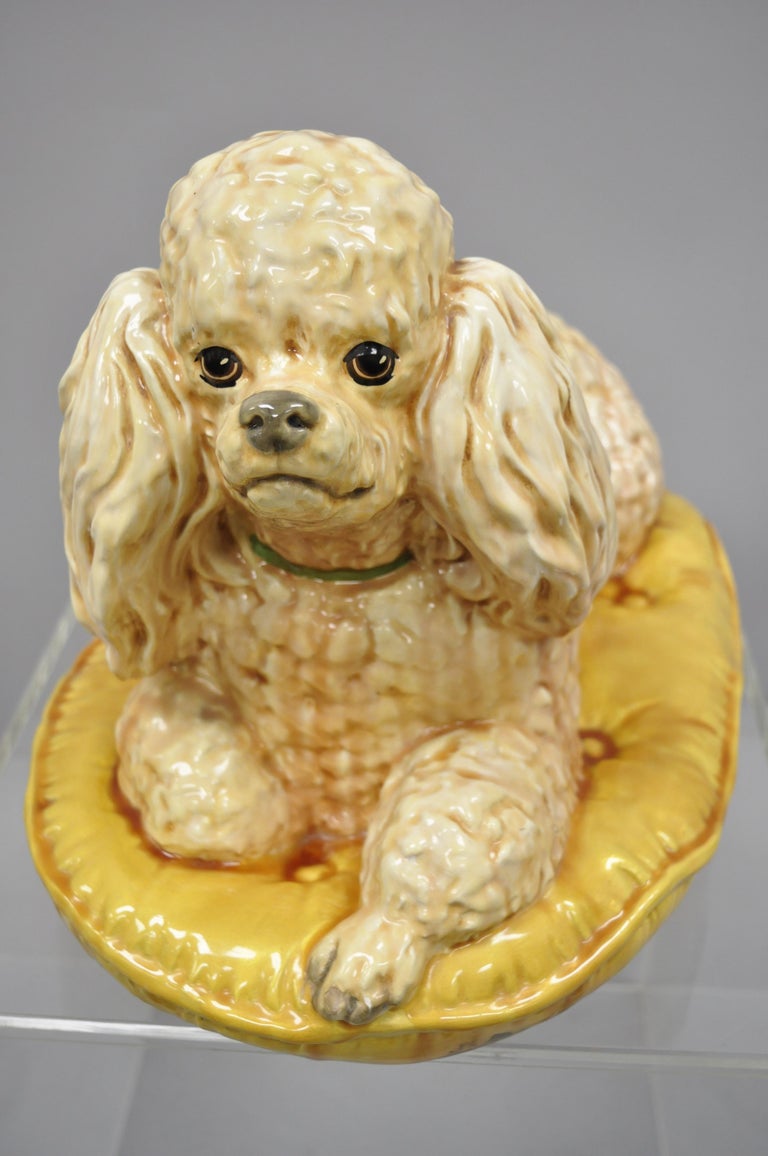 Vintage Glazed Ceramic Poodle Dog on Gold Tufted Pillow Statue Figure
