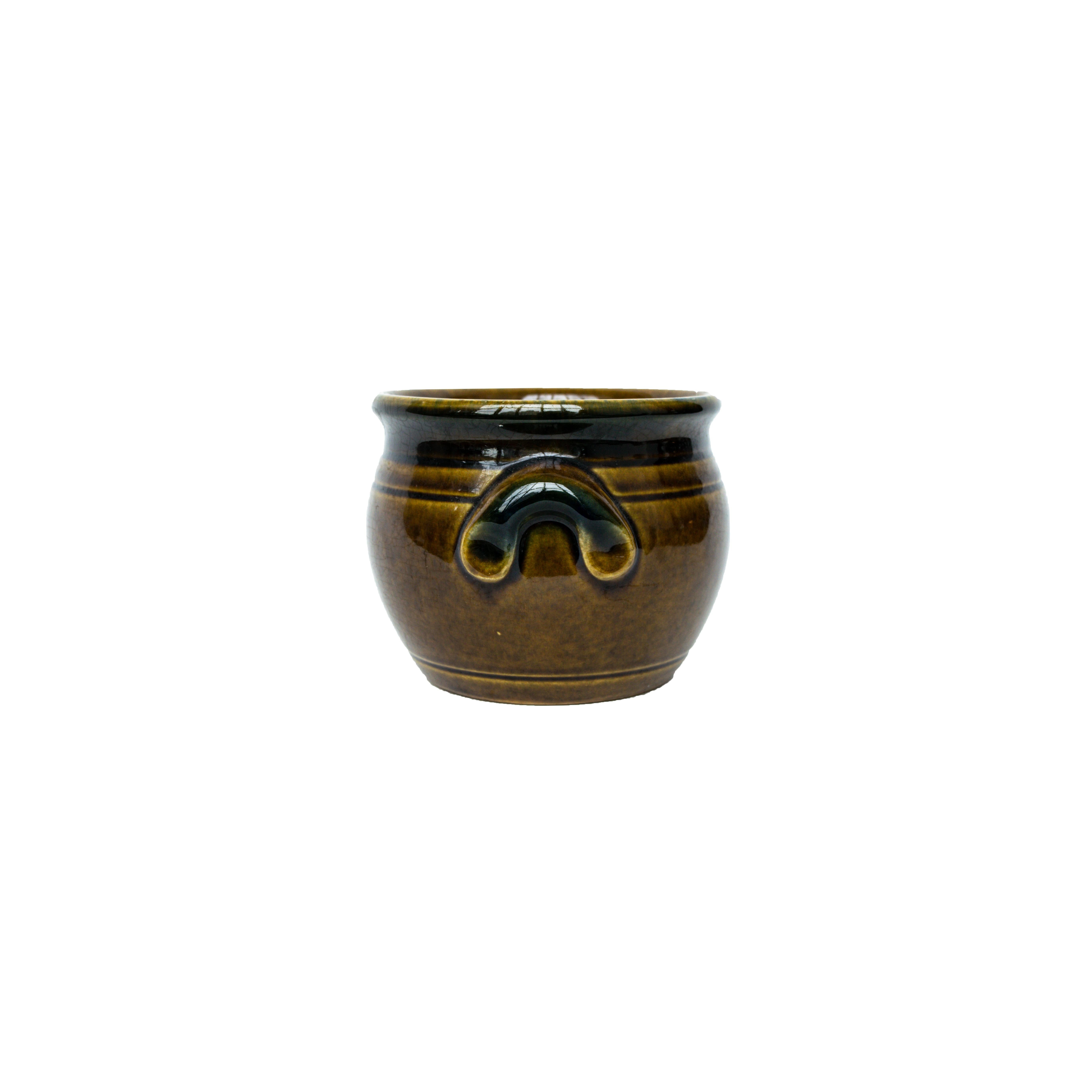 Lovely green/brown/black shiny ceramic pot for your window with handles.