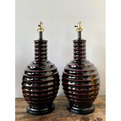 Vintage Glazed Ceramic Ribbed Table Lamps - A Pair