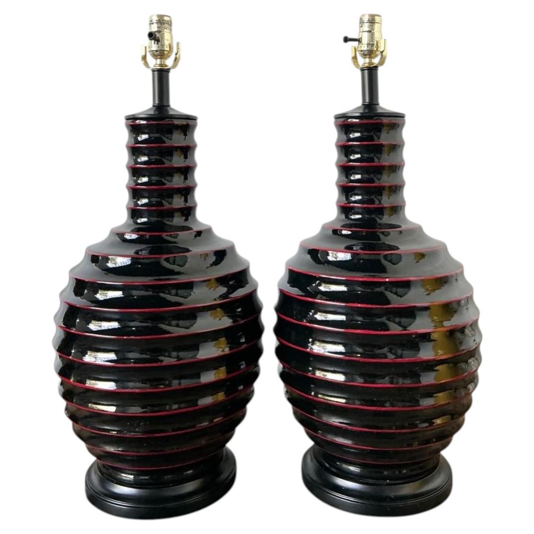 Vintage Glazed Ceramic Ribbed Table Lamps - A Pair