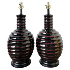 Vintage Glazed Ceramic Ribbed Table Lamps - A Pair