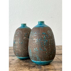 Vintage Glazed Ceramic Scored Vases - A Pair