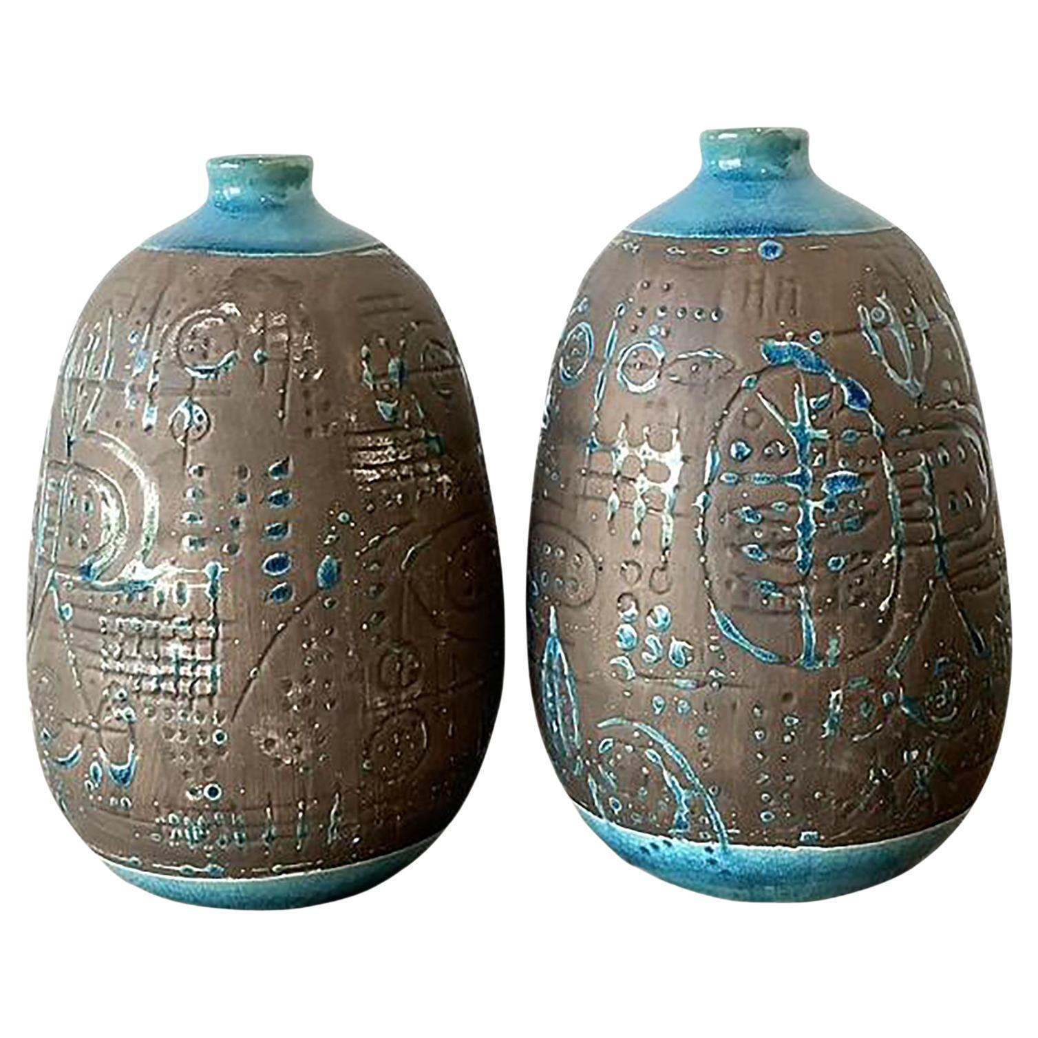 Vintage Italian Val Demone Glazed Ceramic Vases - a Pair For Sale
