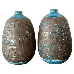 Vintage Glazed Ceramic Scored Vases - A Pair