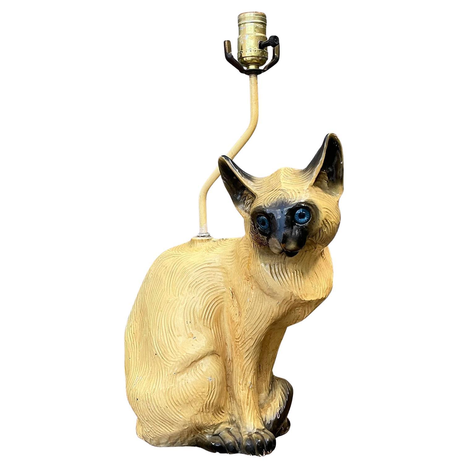Vintage Glazed Ceramic Siamese Cat Lamp
