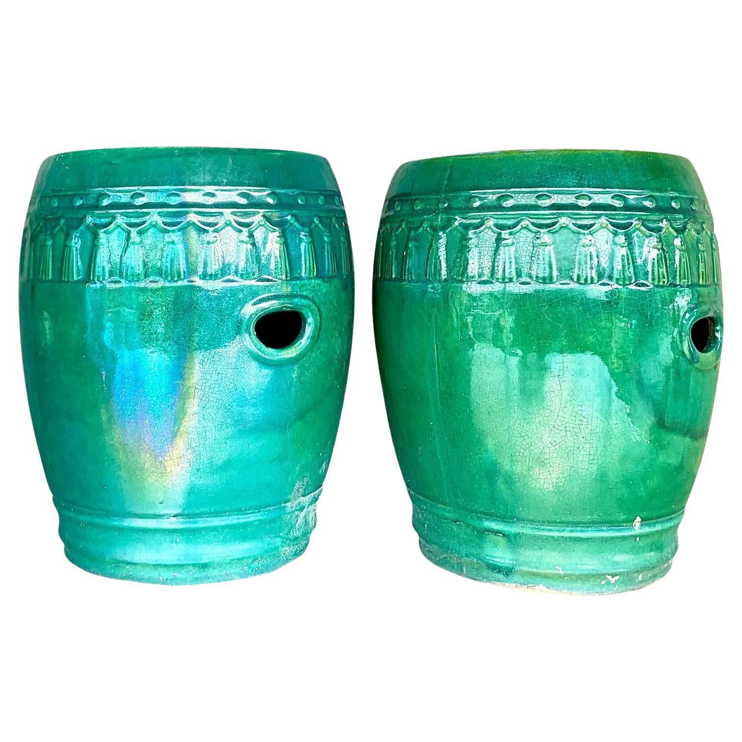 Vintage Glazed Ceramic Swag and Tassel Garden Stools, a Pair