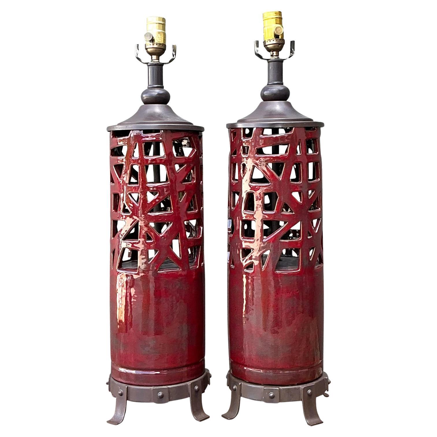 Vintage Glazed Ceramic Table Lamps - A Pair For Sale