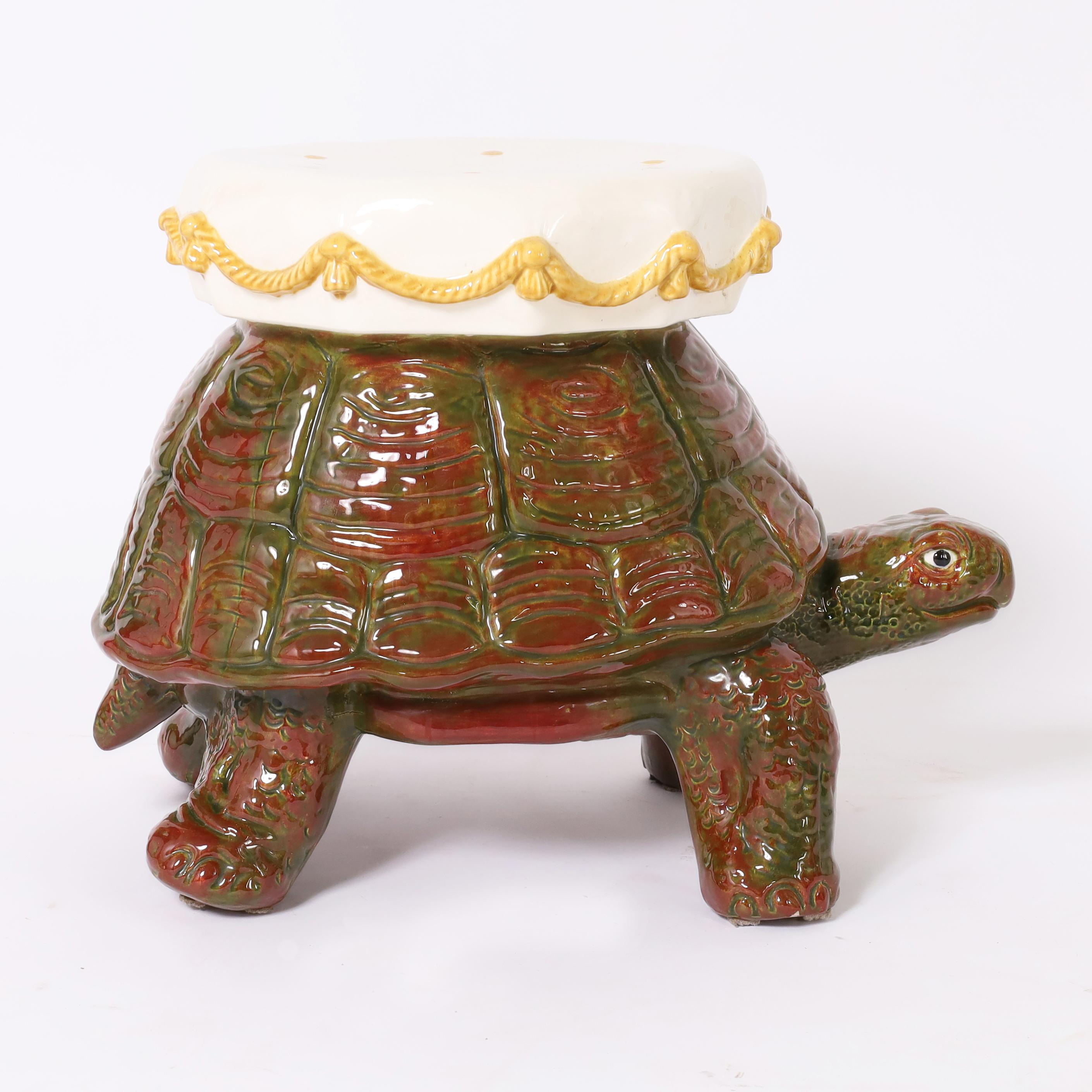 Mid-Century Modern Vintage Glazed Ceramic Tortoise Garden Seat