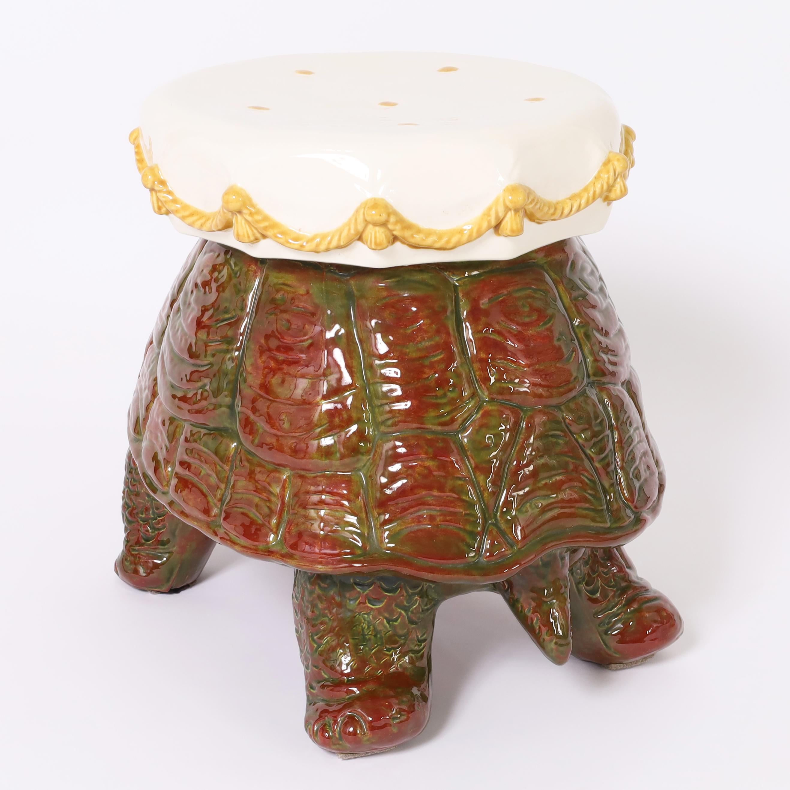 Italian Vintage Glazed Ceramic Tortoise Garden Seat