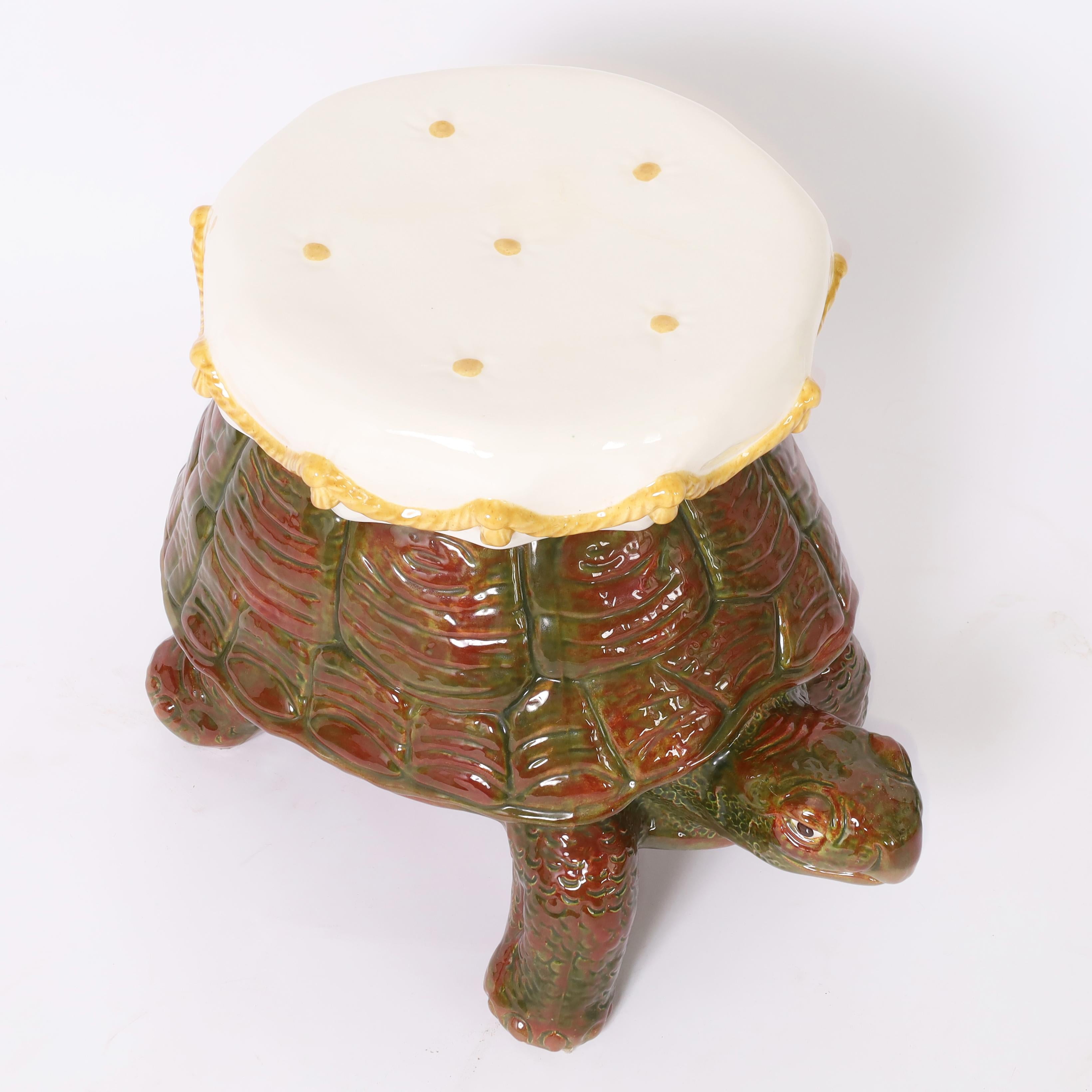 Vintage Glazed Ceramic Tortoise Garden Seat In Good Condition In Palm Beach, FL