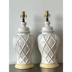 Vintage Glazed Ceramic Trellis Lamps - A Pair