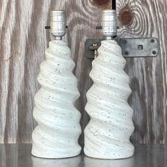 Vintage Glazed Ceramic Twist Table Lamps - a Pair