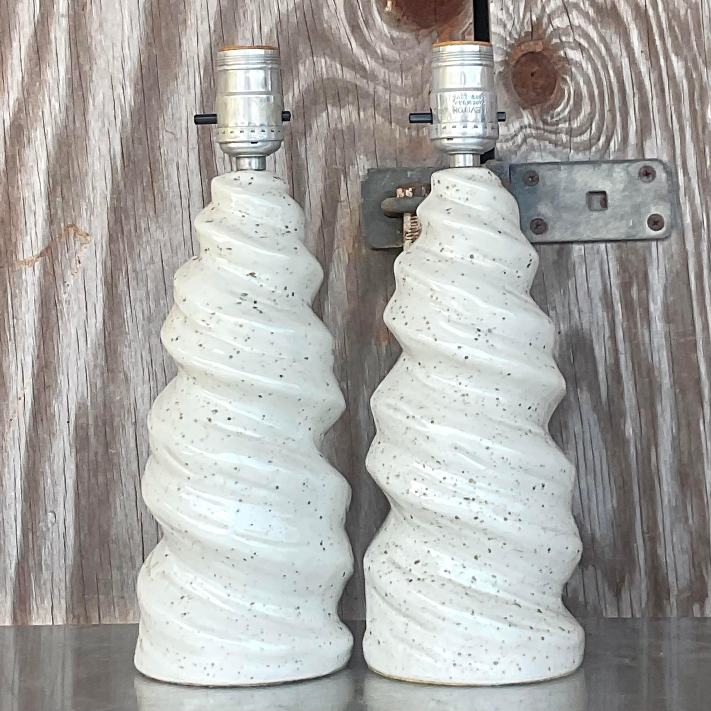 Vintage Glazed Ceramic Twist Table Lamps - a Pair In Good Condition For Sale In west palm beach, FL