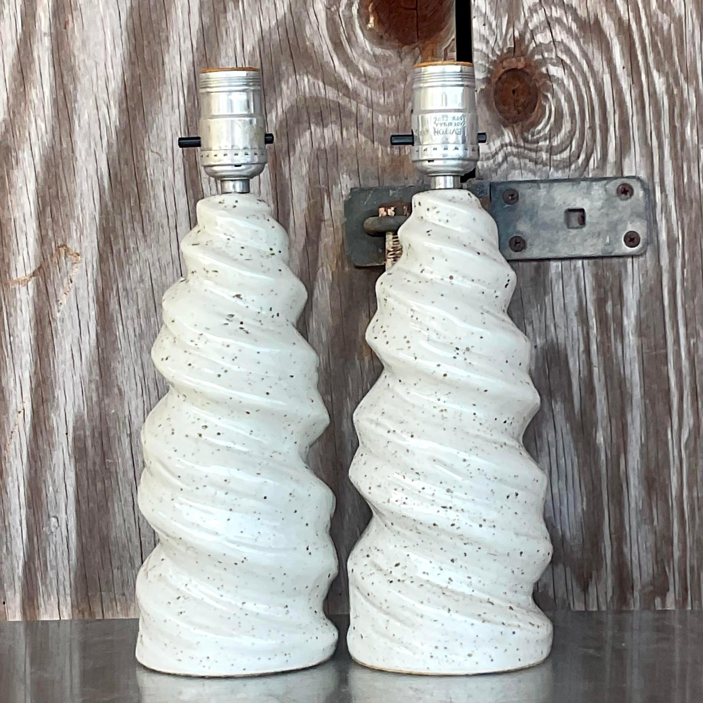 20th Century Vintage Glazed Ceramic Twist Table Lamps - a Pair For Sale