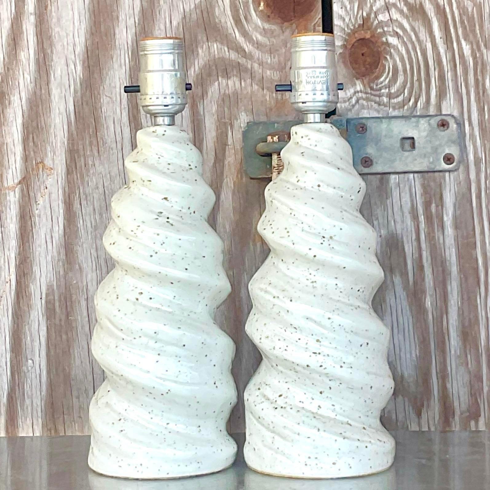 Vintage Glazed Ceramic Twist Table Lamps - a Pair For Sale 1