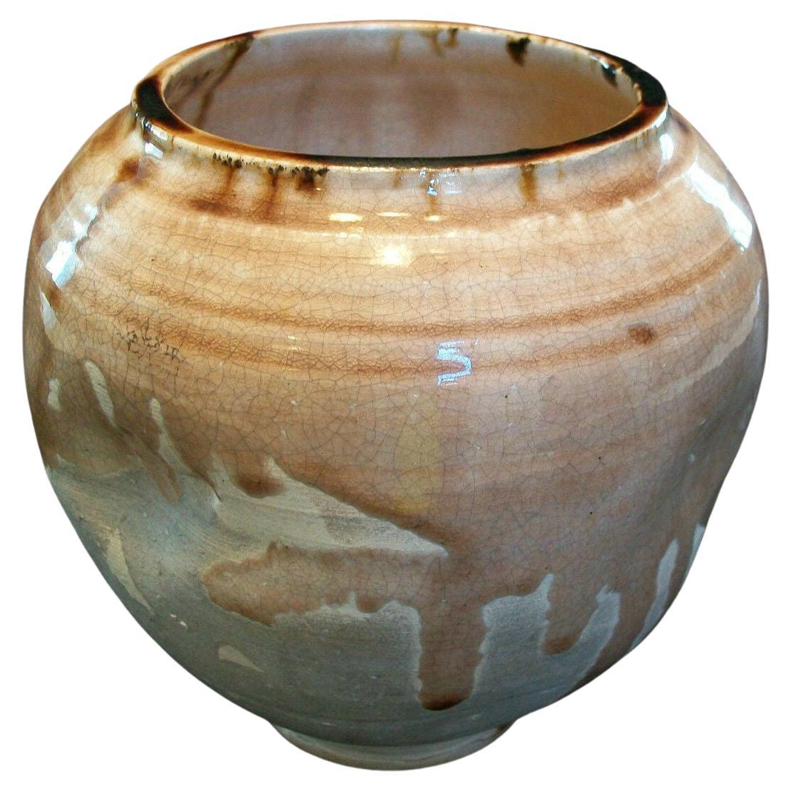 Vintage Glazed Ceramic Vase - Dimpled Sides - Unsigned - Late 20th Century For Sale
